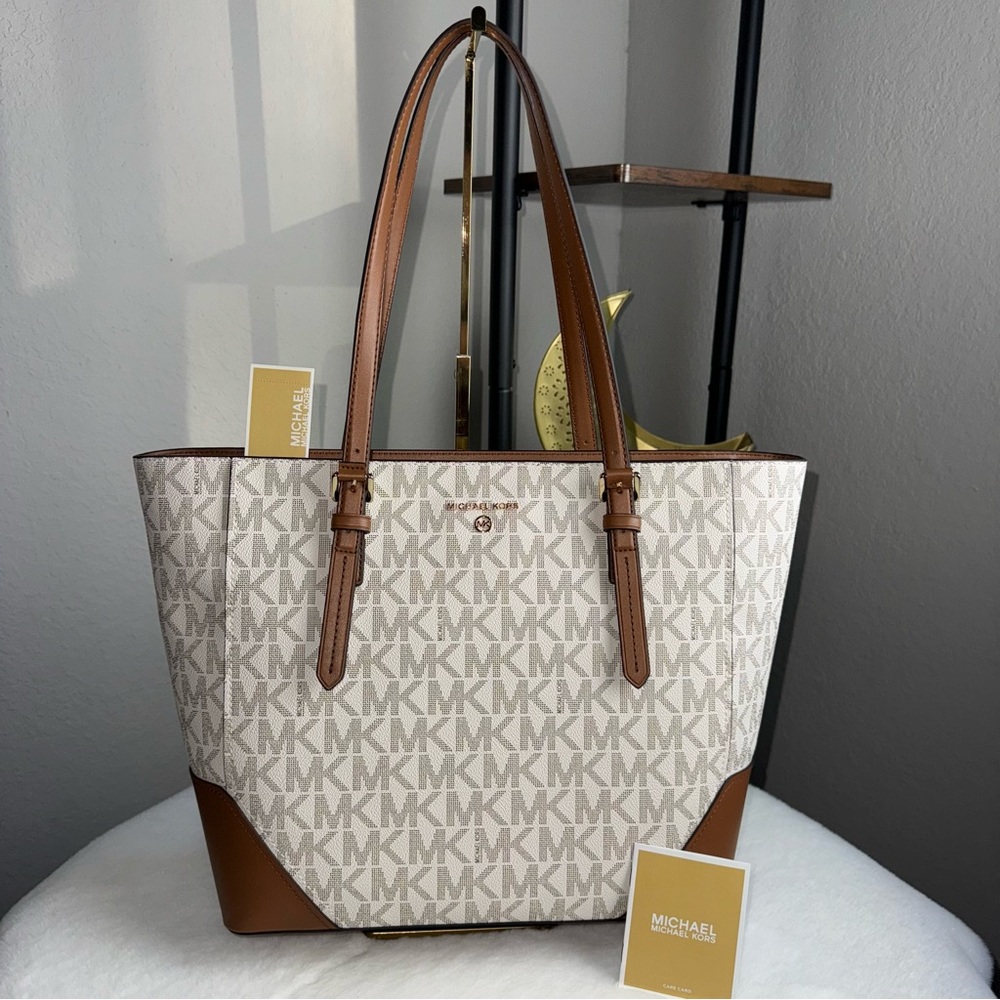 NWT Michael Kors Aria Large Tote Vanilla Luggage Brown MK Logo Purse Designer